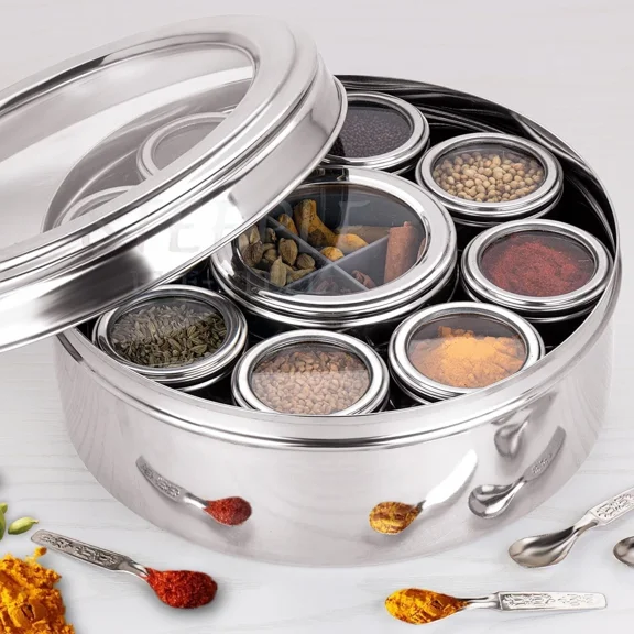 12 In 1 Stainless Steel Masala Box with See-Through Lid | Spice Organiser For Kitchen 22.5 cm