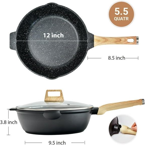 12 In Deep Frying Pan Nonstick with Lid and Strainer, 5.5 Quart Saute Pan, Chef Skillet for All Stove Top