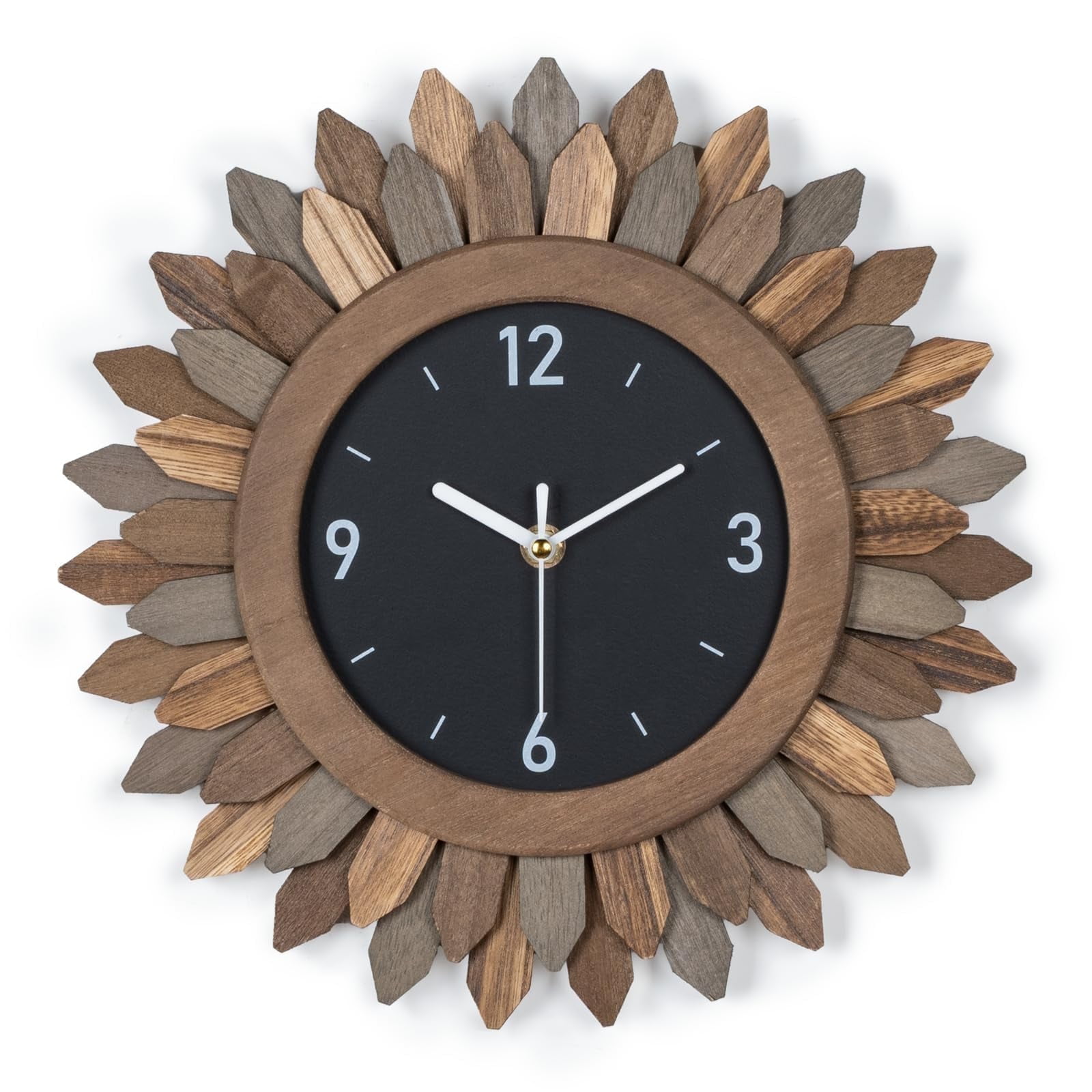 12 In Rustic Wood Boho Sunburst Decorative Wall Clock Silent Non Ticking Farmhouse Small Wall Clocks for Living Room Kitchen Bedroom Decor (Tricolor)