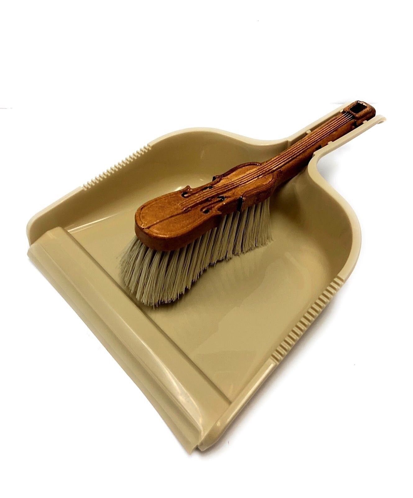 12"In Wide Large Plastic Cleaning Dust Pan With Wood Violin Shape Brush