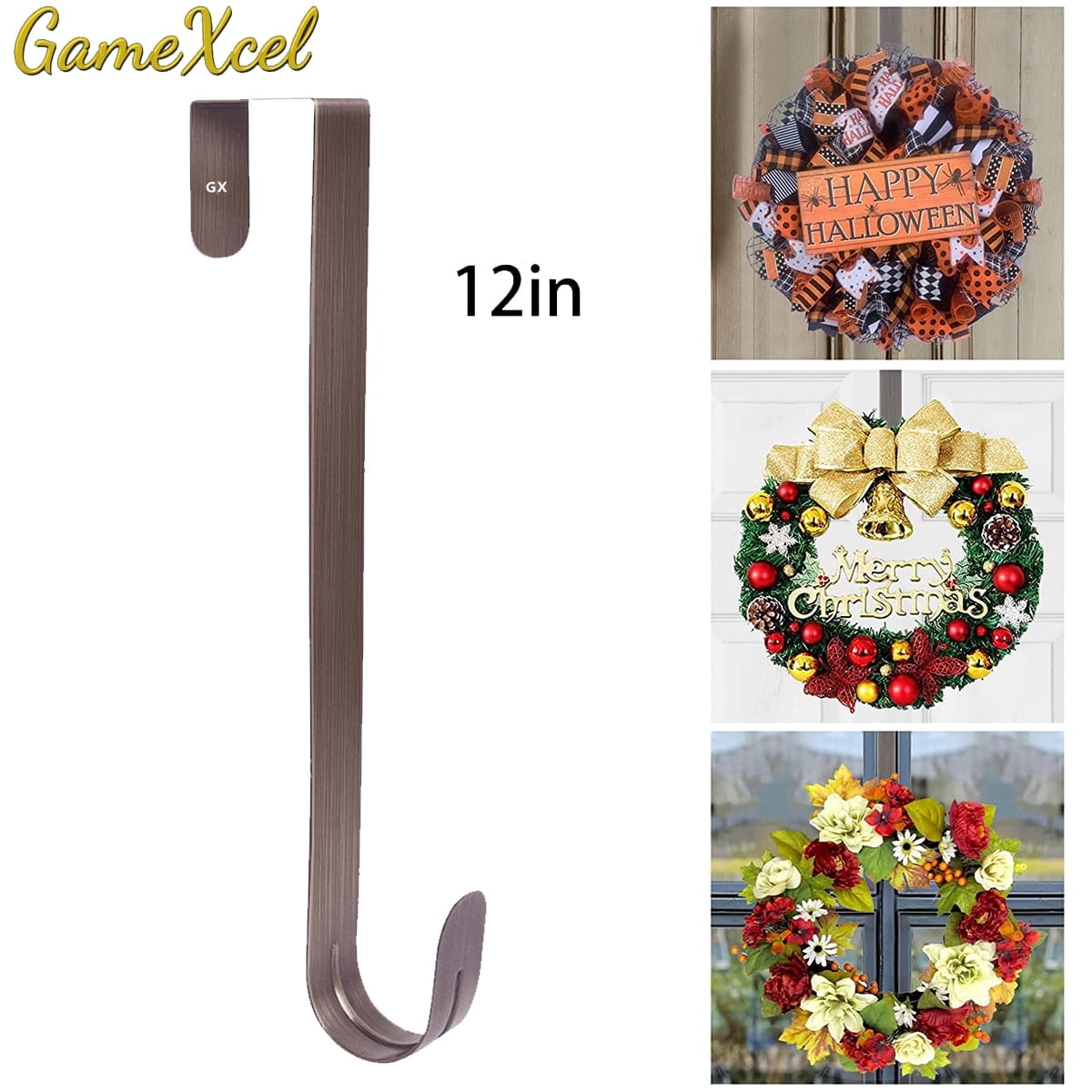 12 In Wreath Hanger - Metal Wreath Holder - Door Hook for Xmas Easter  Spring Wreath - Front Door Hanger Brass 