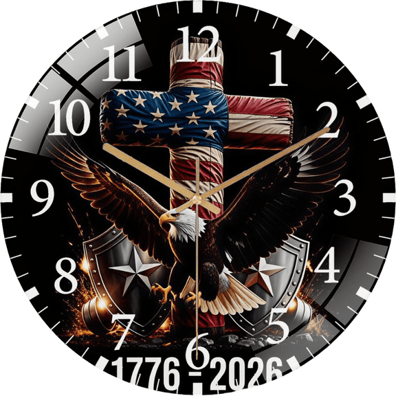 12 Inch 1776 - 2026 Eagle- Patriotic- Glass Wall Clock for Patriotic- Christian- Eagle- Cross- Decor Office Room, Living Room, Bedroom Or Kitchen