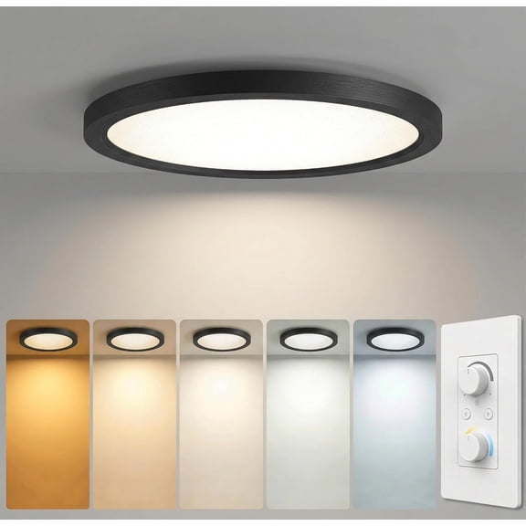 12 Inch 1Pack Super Slim Flush Mount Ceiling Light Fixture,24W 3200LM Dimmable 5CCT Selectable 2700K-5000K Round Light Fixture for Living/Bedroom,Kitchen/Bathroom,Porch &All Indoor Spaces Black