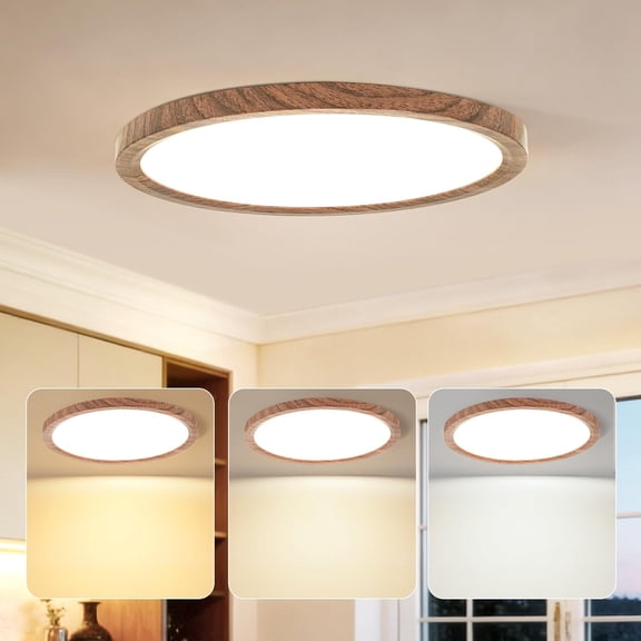 12 Inch 24W Modern Flush Mount Ceiling Light, 3 Color Temperature Walnut Wood Grain Flat Low Profile Ceiling Light Fixture Led Light for Bedroom Kitchen Bathroom Hallway