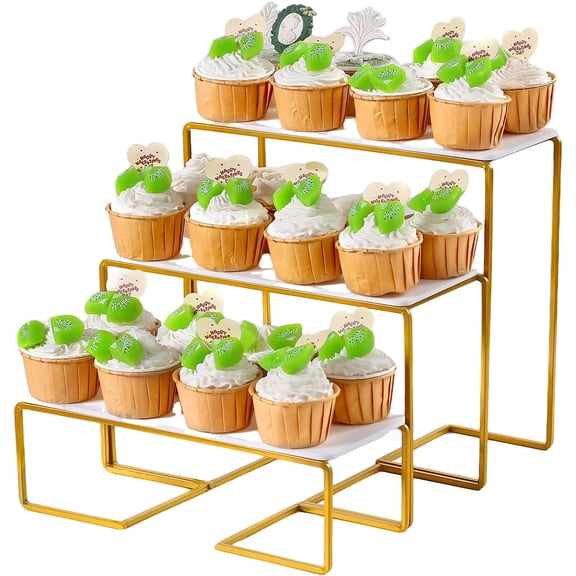 12 Inch 3 Tier Serving Stand Polypropylene Serving Platter Tier Serving Trays with Collapsible Sturdier Rack, Serving Dishes and Platters for Thanksgiving, Christmas, Entertaining, Gold,