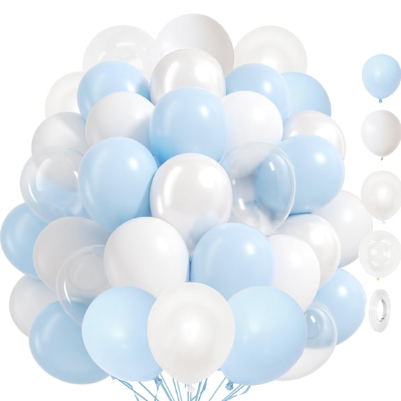 12 Inch 35PCS Light Baby Blue Pearl White with Clear Latex Balloons for Boys Birthday Bachelorette Party Bridal Baby Shower Party Decorations