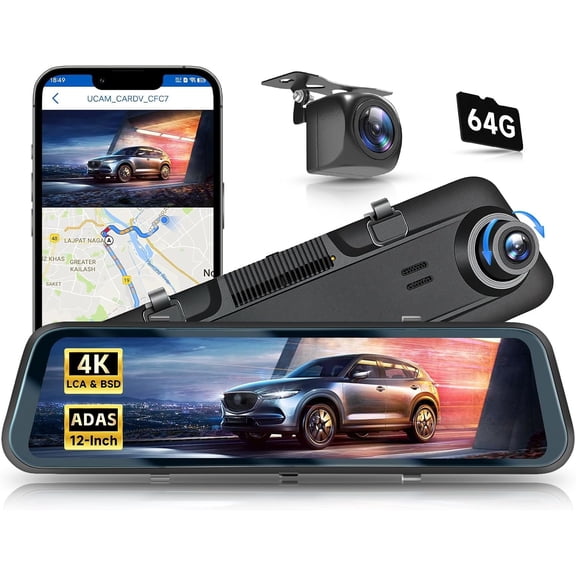 12 Inch 4K Mirror Cam Front and Rear View Mirror Camera with ADAS BSD and LCA, GPS Camera for , Rearview Mirror Camera with WiFi G-Sensor Night Vision Loop Recroding+ 64G SD Card