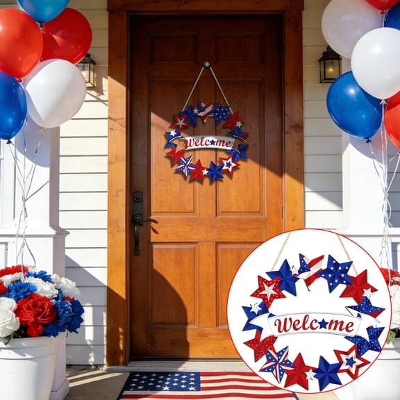 12 Inch 4th of July Independence Day Wooden Welcome Wreath, Red White Blue Patriotic Star Sign with Uncle Sam Hat & Flowers, Memorial Day Decor for Front Door Porch
