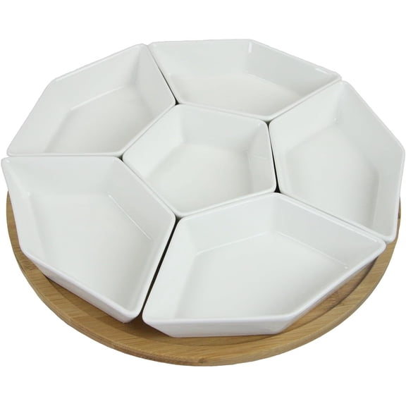 12-Inch 7-Piece Condiment Server Set with Bamboo Lazy Susan Stoneware Serving Bowls for Dips, Appetizers, Sauces, and Snacks Elegant White Serveware Collection