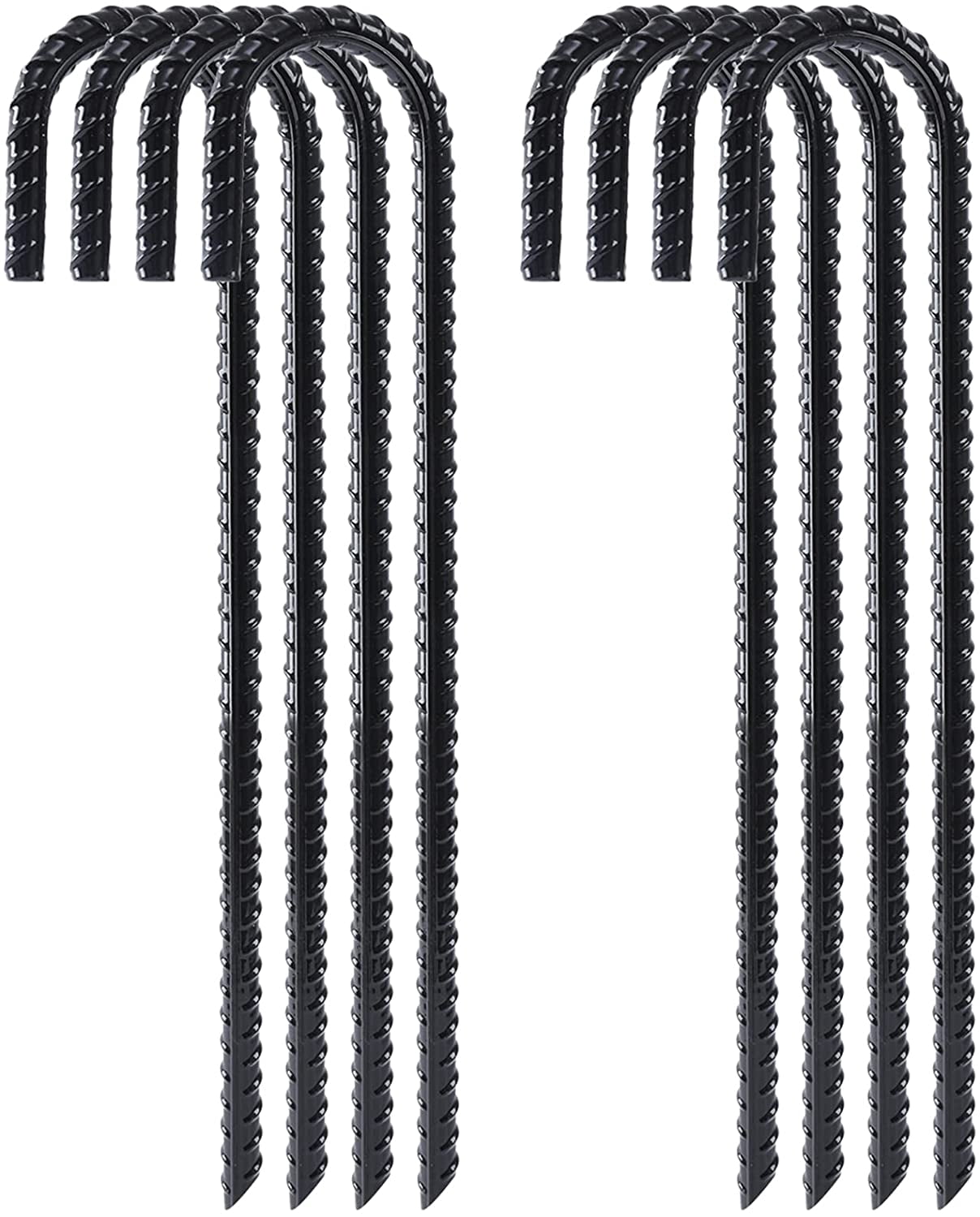 12 Inch 8 Pack Rebar Stakes Heavy Duty J Hook, Galvanized Ground Stakes Tent Stakes Steel Ground Anchors, Chain Link Fence Stakes, Trampoline Stakes, Black