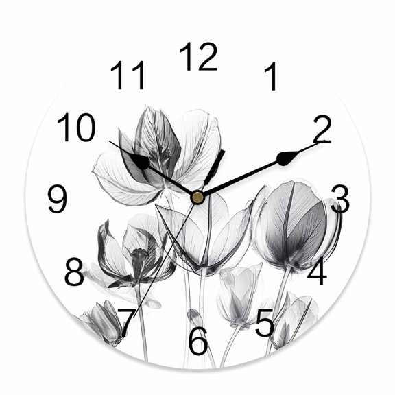 12 Inch Abstract Black Wall Clock, Laser Tulip Flowers White Texture Battery Operated Silent Non Ticking Clocks, Easy to Read Round Wall Clock for Kitchen/Living Room/Bedroom/Bathroom