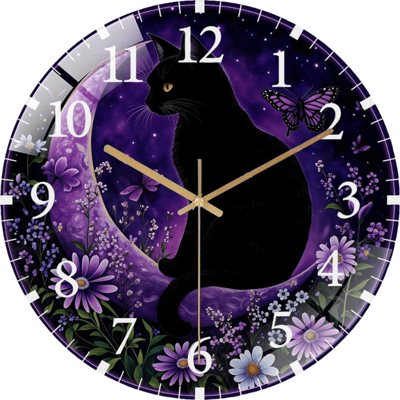 12 Inch Adorable Black Cat- Sitting in A Crescent Moon Glass Wall Clock,Fall Home Decor (3030cm)