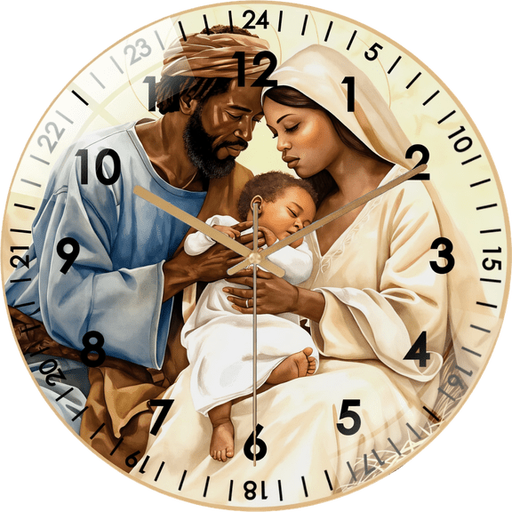 12 Inch African American Nativity Glass Wall Clock, Mary Joseph- Jesus- Farmhouse Home Decor (3030cm)