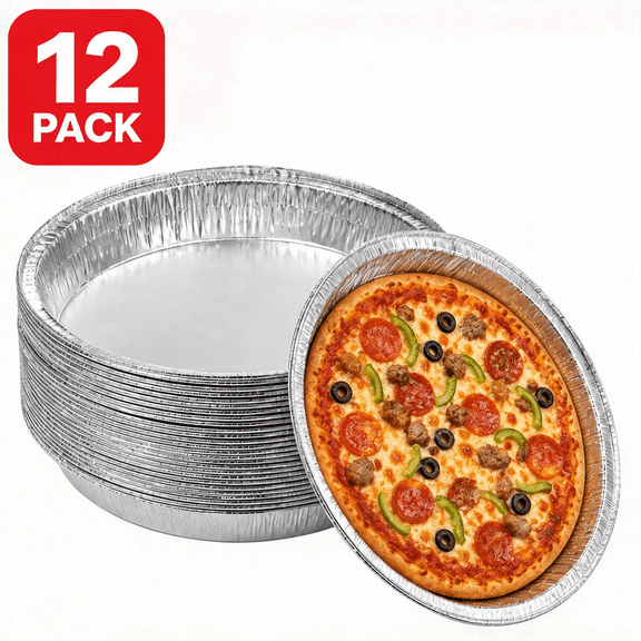 12 inch Aluminum Pizza Pans Disposable Round Foil 12 Pack, Oven & Freezer Safe for Baking, Cookie Cakes, Meal Prep, Serving, Catering & Parties