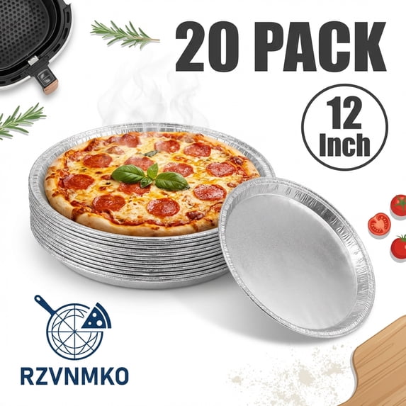 RZVNMKO 12 inch aluminum foil pizza pans, 20 pack disposable round trays for baking and serving