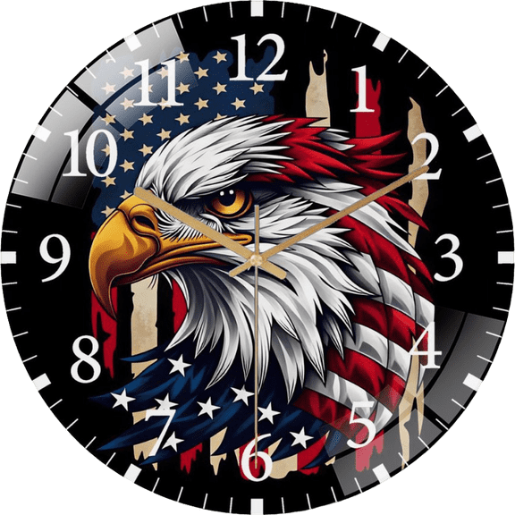 12 Inch American Flag- Bald Eagle- Patriotic- Eagle- 4th of July USA Glass Wall Clock for Patriotic- Eagle- Decor Office Room, Living Room