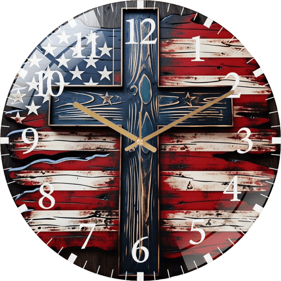 12 Inch American Flag- Cross- Wreath Glass Wall Clock for Red White Blue Patriotic- Decor Office Room, Living Room, Bedroom Or Kitchen