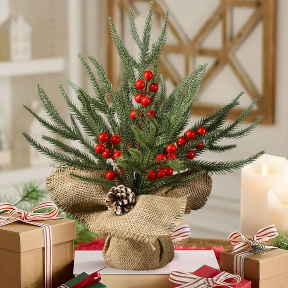 12 Inch Artificial Christmas Tree for Tabletop, Mini Desktop Xmas Tree with Red Berries Pine Cones Burlap Base, Holiday Decor for Home Office Farmhouse