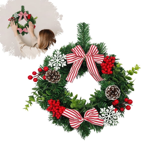 12 Inch Artificial Pine Leaf Christmas Front Door Wreath, Pre-Decorated Holiday Wreath with Balls, Bows & Berry Clusters, Indoor & Covered Porch Entryway Christmas Hanging Decor, 1 Pc
