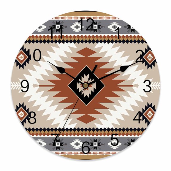 12 Inch Aztec Southwestern Wall Clock, Ethnic Tribal Style Geometric Orange Khaki Battery Operated Silent Non Ticking Clocks, Easy to Read Round Wall Clock for Kitchen/Living Room/Bedroom/Bathroom
