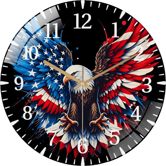 12 Inch Bald Eagle with US Flag, American Flag Decor Glass Wall Clock for Wall Decor , Office Room, Living Room Style 1212inch(3030cm)