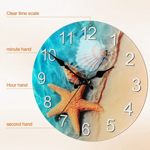 12 Inch Beach Starfish Seashell Glass Wall Clock, Silent Non‑Ticking Coastal Decorative Round Wall Clock for Living Room Bedroom Kitchen Home