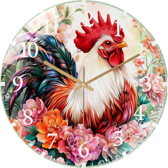 12 Inch Beautiful Rooster with Flowers Glass Wall Clock,Colorful Rooster Home Decor (3030cm)