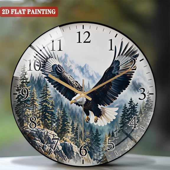 12 Inch  Bird of Prey Bald Eagle- Glass Wall Clock for  Eagle- Decor Office Room, Living Room, Bedroom Or Kitchen