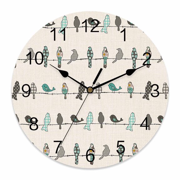 12 Inch Birds on the Wire Teal Grey Burlap Background Wall Clock, Battery Operated Silent Non Ticking Clocks, Easy to Read Round Wall Clock for Kitchen/Living Room/Bedroom/Bathroom