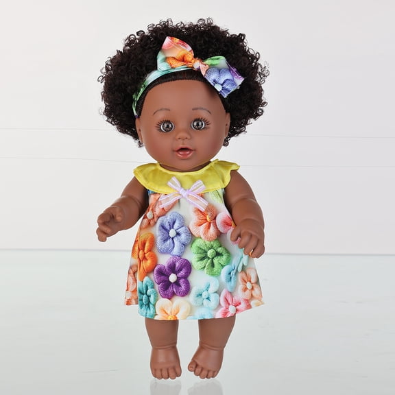 12 Inch Black Baby Doll with Curly Washable Hair, Poseable Girl Doll with Star Dress, Soft Body Vinyl Play Toy, Nurturing Pretend Play Gift for Toddler Girls Ages 3-6