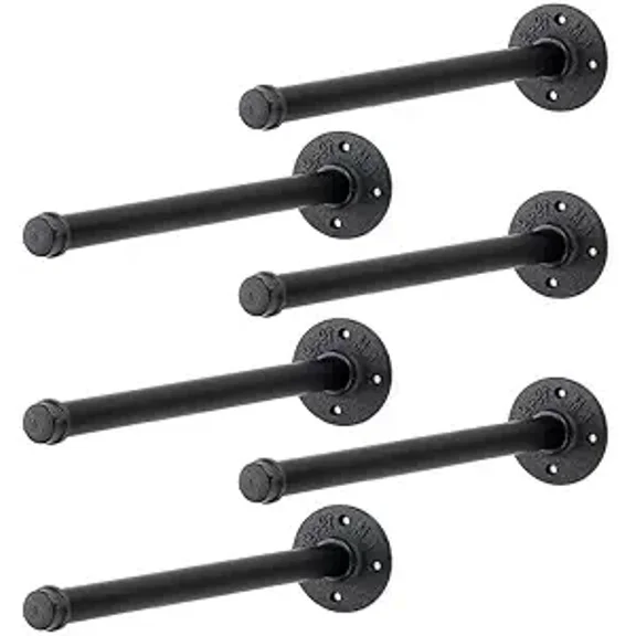 12 Inch Black Industrial Pipe Floating Clothing Rack, Wall-Mounted Heavy-Duty Garment Rack, 6 Pack