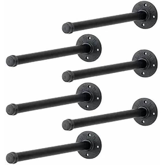 12 Inch Black Industrial Pipe Floating Clothing Rack Wall Mounted Heavy Duty Garment Rack 6 Pack