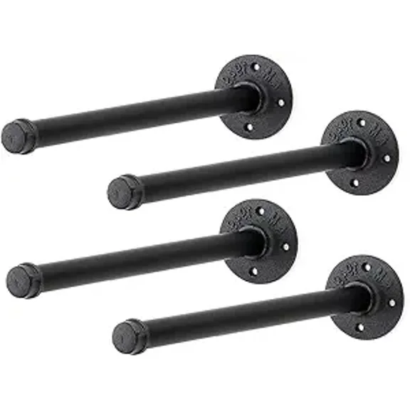 12 Inch Black Industrial Pipe Floating Clothing Rack, Wall-Mounted Heavy-Duty Garment Rod, 4 Pack