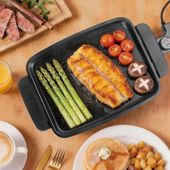 12 Inch Black Mini Electric Griddle Pan Ceramic Non-Stick Coating Cool Touch Handle Detachable Adjustable Thermostat Indoor Electric Grill for Pancake Egg Sausage Patty Home Cooking