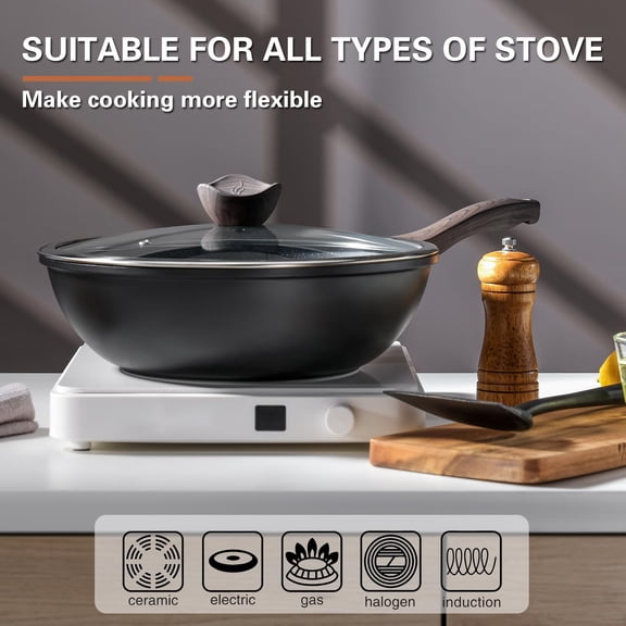 12 Inch Black Nonstick Wok With Lid For Stir Fry Cooking