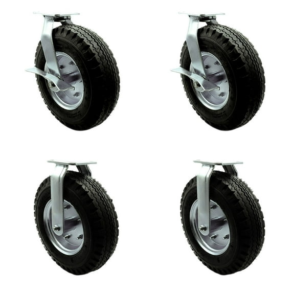 12 Inch Black Pneumatic Wheel Caster Set 2 Swivel with Brake Swivel Lock 2 Rigid