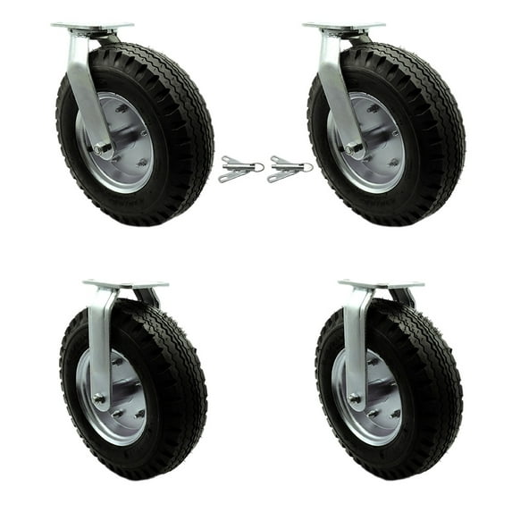 12 Inch Black Pneumatic Wheel Caster Set 2 Swivel with Swivel Locks and 2 Rigid
