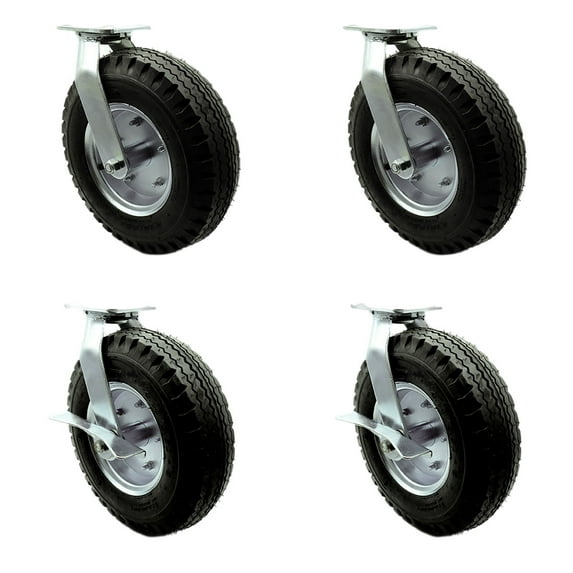 12 Inch Black Pneumatic Wheel Caster Set 4 Swivel with 2 Brakes Service Caster