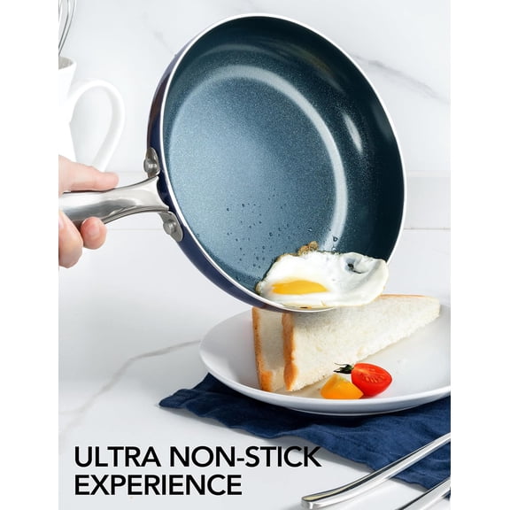 12 Inch Blue Nonstick Frying Pan with Lid, Ceramic Diamond Coated Skillet for Healthy Cooking