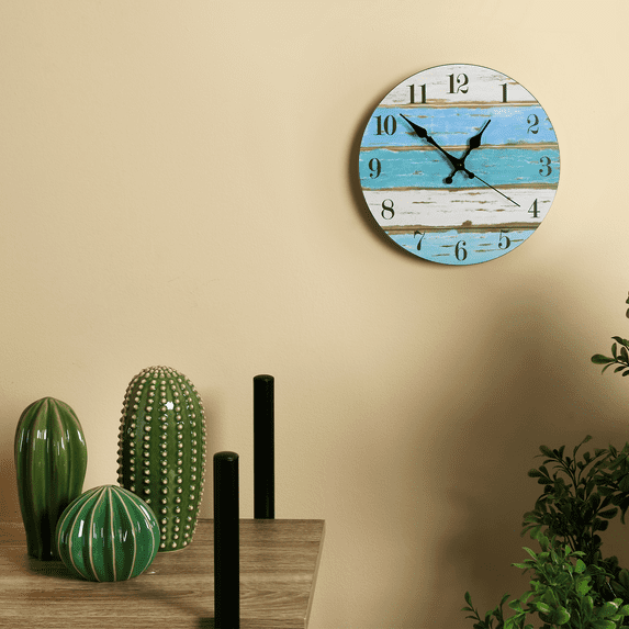 12-Inch Blue Wood Wall Clock – Silent Frameless Battery-Operated Analog Clock for Farmhouse, Coastal & Modern Decor
