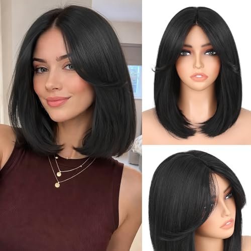 12 Inch Bob Wig with Curtain Bangs Short Straight Black Bob Wig with Bangs -Looking Synthetic Wig Daily Wear and Go Wigs for Women (Black)