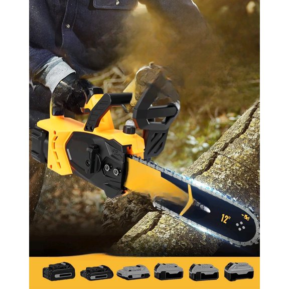 12 Inch Brushless Cordless Chainsaw Compatible with 20v Max Battery with Auto Oiler, 45Ft/s 1100W Electric High-Efficiency, No Installation Required, Yellow (Battery Not Included)$$Garden & Patio