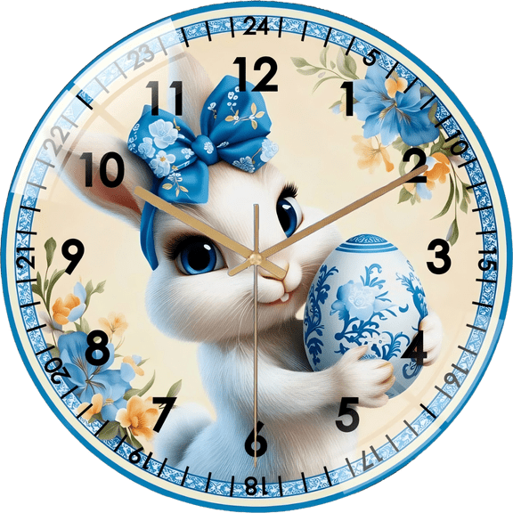 12 Inch Bunny Rabbit with Bow Holding Large Egg-  Glass Wall Clock,   Farmhouse Home Decor(30×30cm)