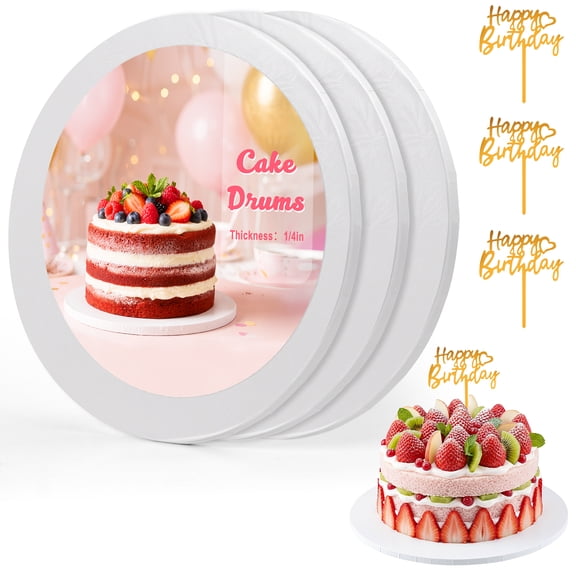 12 Inch Cake Boards Round, 3 Pack White Cake Drums, 1/4 Inch Thick Smooth Edges Cake Cardboard for Birthday Wedding Party