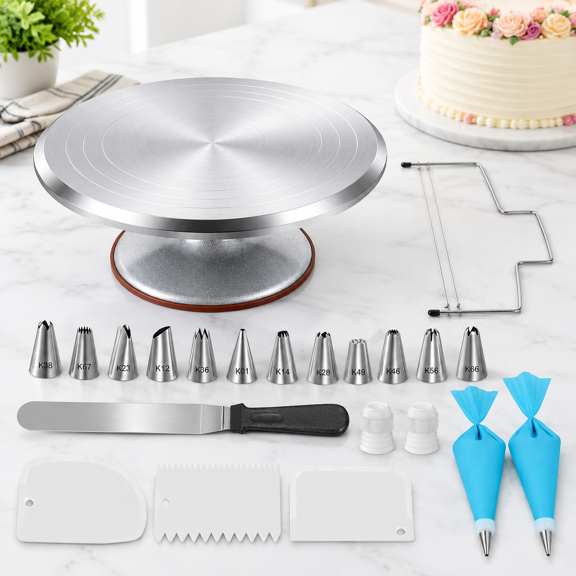 12-Inch Cake Decorating Kit with Aluminum Turntable and Baking Tools