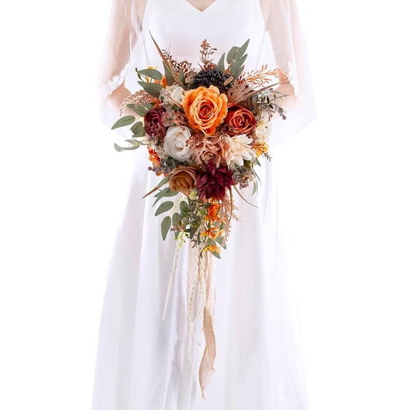 12 Inch Cascade Wedding Bouquets for Bride, Fall Burnt Orange Cascading Bridal Bouquet for Wedding Silk Artificial Flowers
