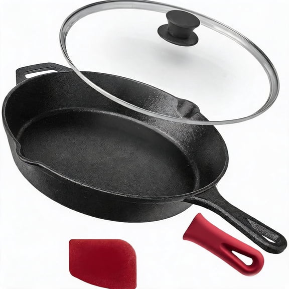 12-Inch Cast Iron Skillet with Glass Lid and Silicone Handle Holder