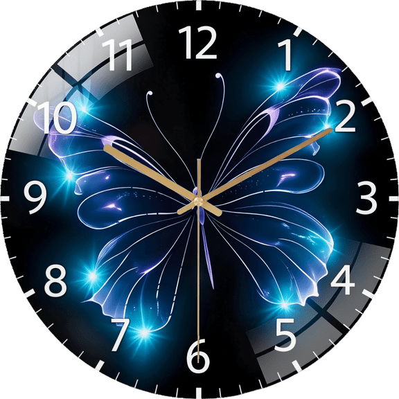 12 Inch Casual Dreamy Blue And Purple Butterfly Pattern Tempered Glass Wall Clock Living Room Bedroom Kitchen Home Decoration Wall Clock (Battery Not Included), 30cm