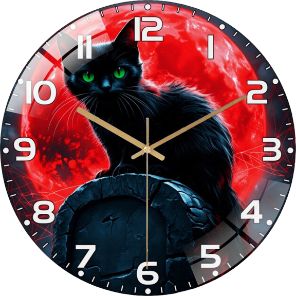 12 Inch Cat- Under Blood Moon Glass Round Silent Hanging Wall Clock,Suitable For Living Room,Office,Study Room,Bedroom,Home Decoration. (No Battery) 30cm Style 40x40cm(15.75x15.75cm)