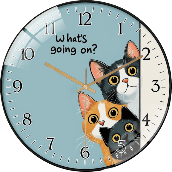 12 Inch Cat- Pattern GlassWall Clock Battery Operated, Decorative Round Wall Clock, Quiet Wall Clock, (Battery Not Included), 30cm